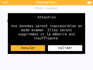 Un message vous prévient de la perte possible de vos données en mode examen