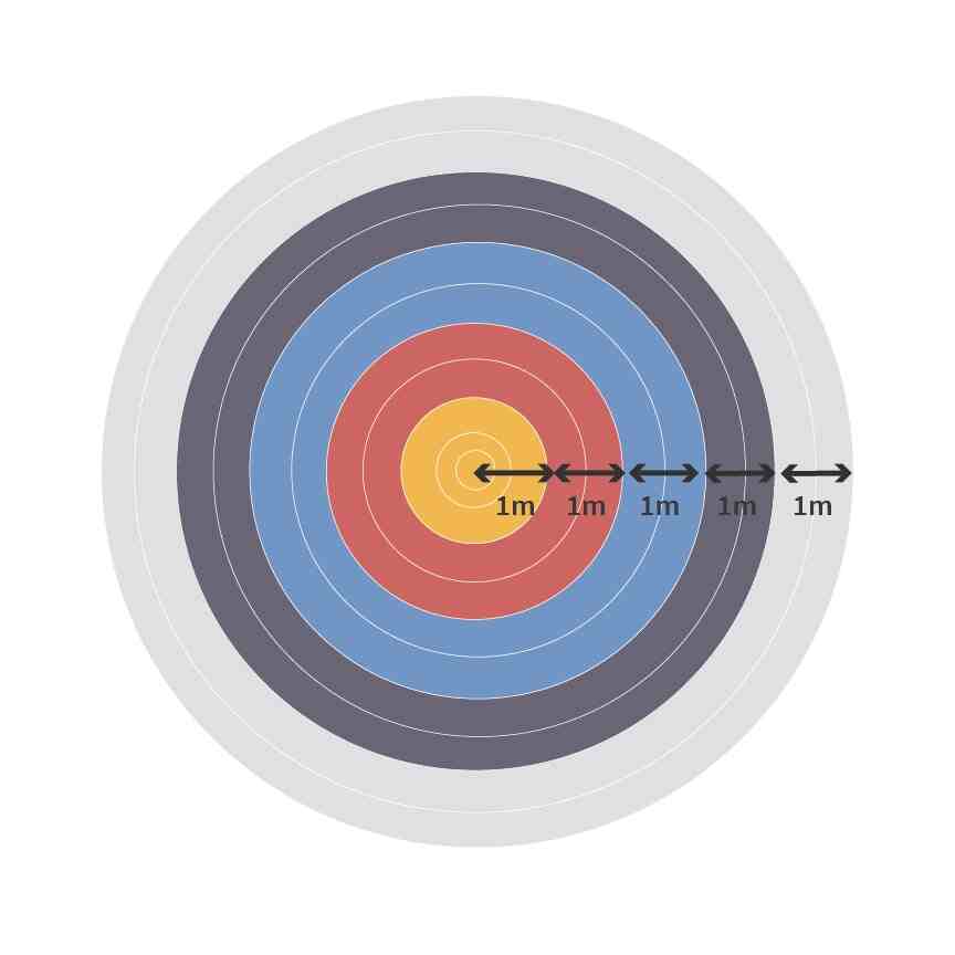 La cible est divisée en cinq segments colorés, depuis le jaune au centre, au blanc à l'extérieur.